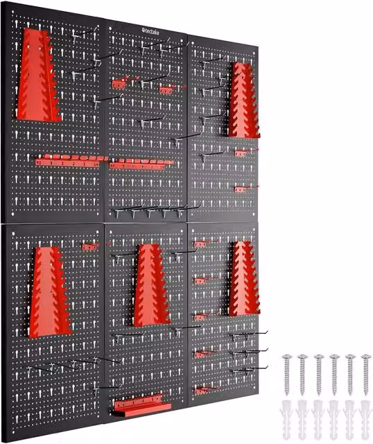 tectake Jonah Steel Tool Pegboard with Hooks and Holders, Multicolour, W/D/H: 120 x 120 x 120 cm – 1