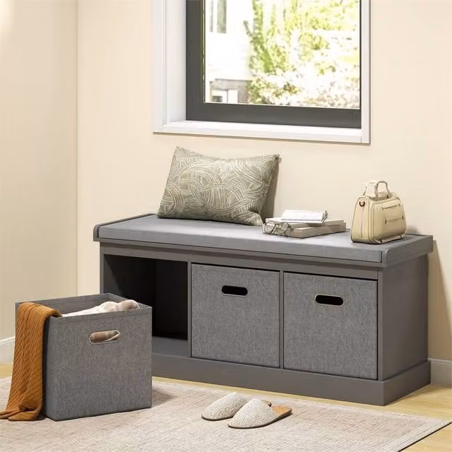 SPETLEK Shoe Storage Bench with Seat and Fabric Drawers in Grey