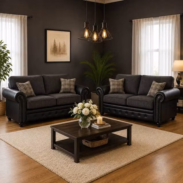 SquareBoxx Harrington Black Aire Leather 3+2 Sofa Set with Cord Cushioning