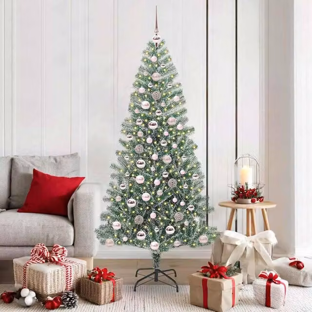 Berkfield Home Snow Flocked Artificial Christmas Tree with LED Lights, Green, Height: 180 cm
