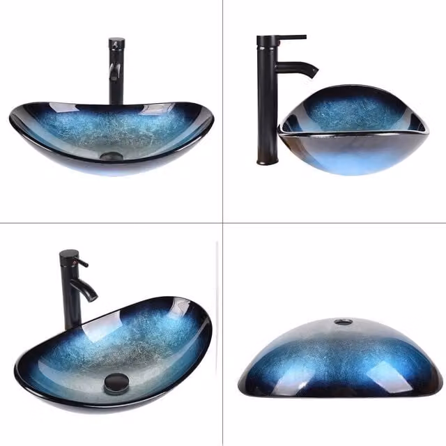 Kelvenix Blue Oval Glass Countertop Bathroom Sink Bowl