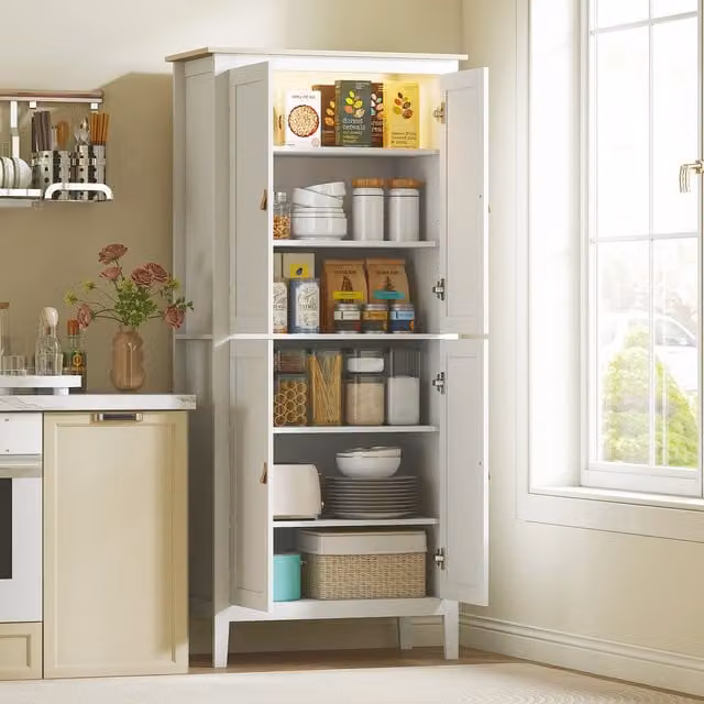 HOMCOM White Freestanding Tall Pantry Storage Cabinet with 4 Hinged Doors and LED Lighting