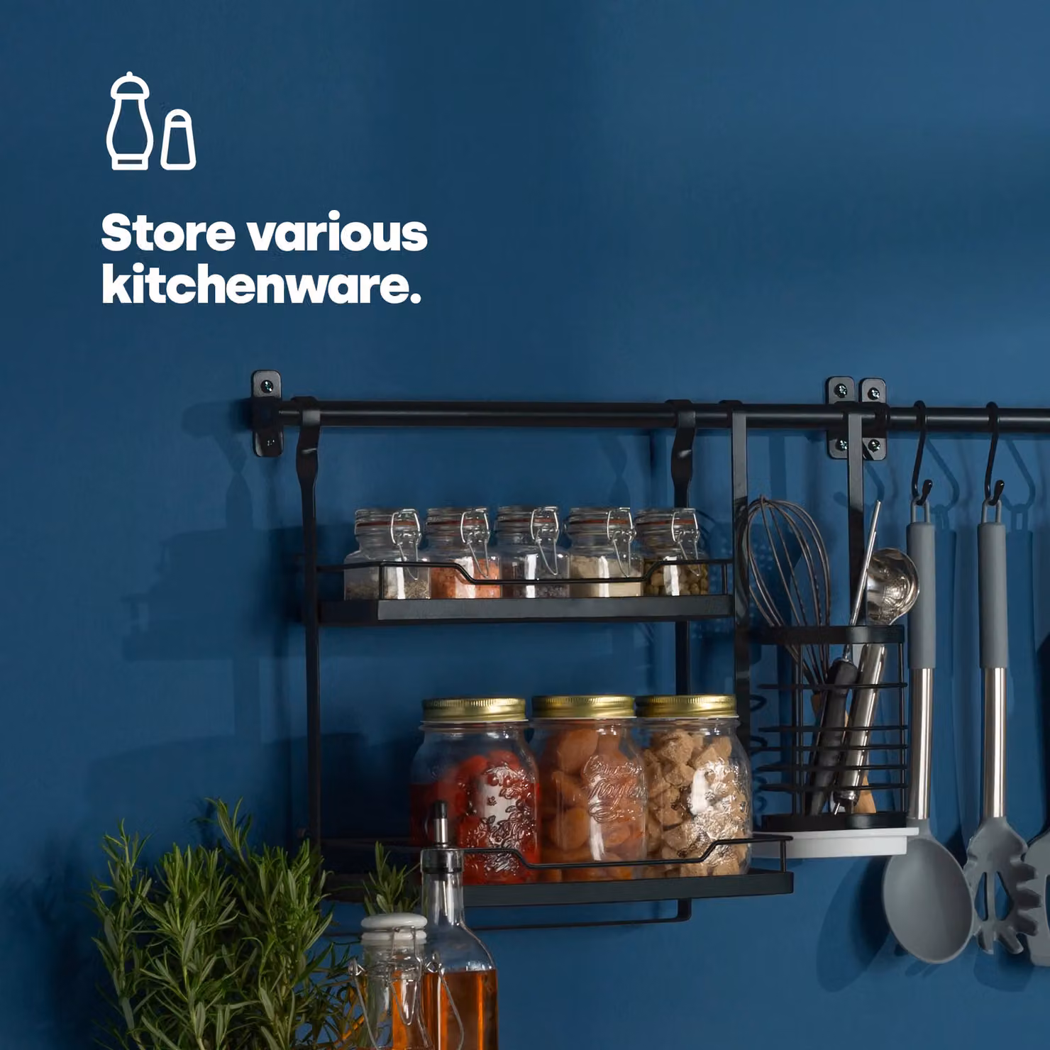 LIVIVO 2 Tier Black Wall Mounted Kitchen Hanging Storage Rack and Spice Organiser W/D/H: 37.3 x 31.7 x 17.4 cm – 2