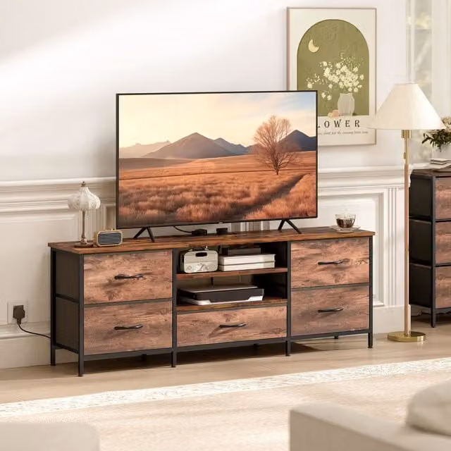 HOMCOM Industrial TV Stand with Charging Station in Rustic Brown