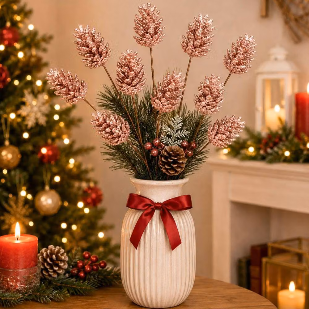 Shatchi 12 Pack Glitter Rose Gold Pine Cone Christmas Picks, 58 cm – 2