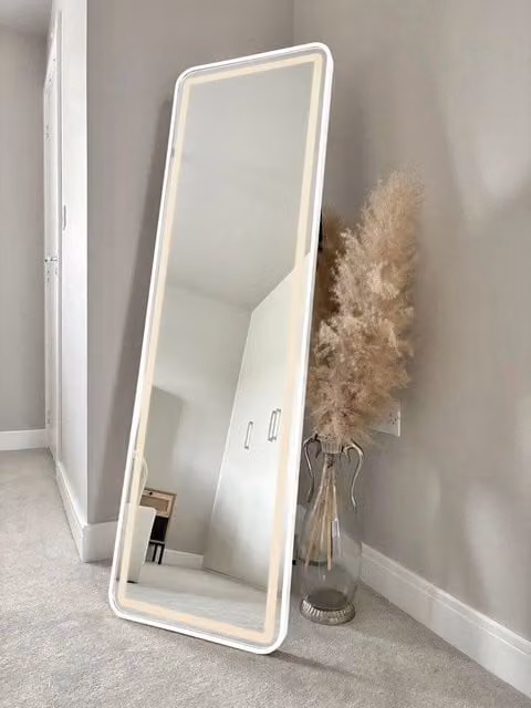 Downton Interiors Soho Collection White Rectangular Metal Frame LED Wall or Floor Standing Dressing Mirror H 145 cm x W 45 cm – 1