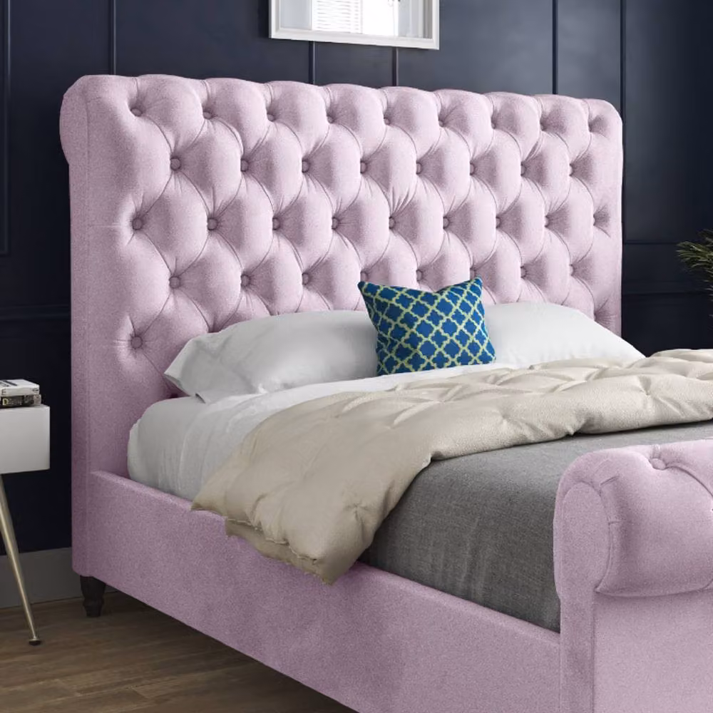 KDMD Toddington Sleigh Upholstered Designer Bed Frame in Pink Soft Velvet, Size: King (180 x 200 cm) – 4