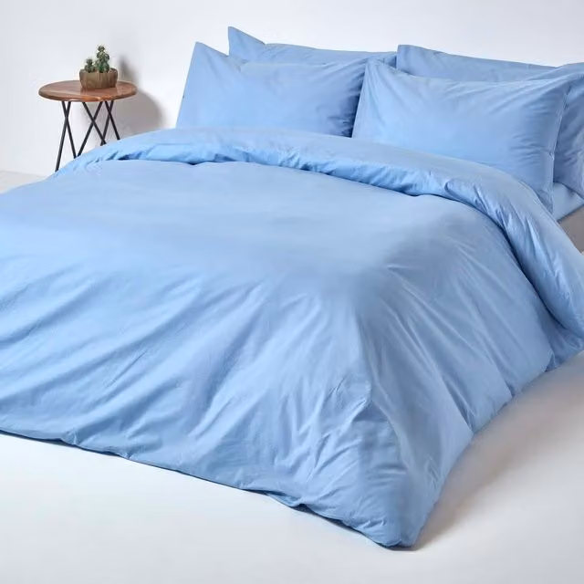 Homescapes Blue Plain Egyptian Cotton Percale Duvet Cover and Pillowcase Set, W: 90 cm, L: 200 cm
