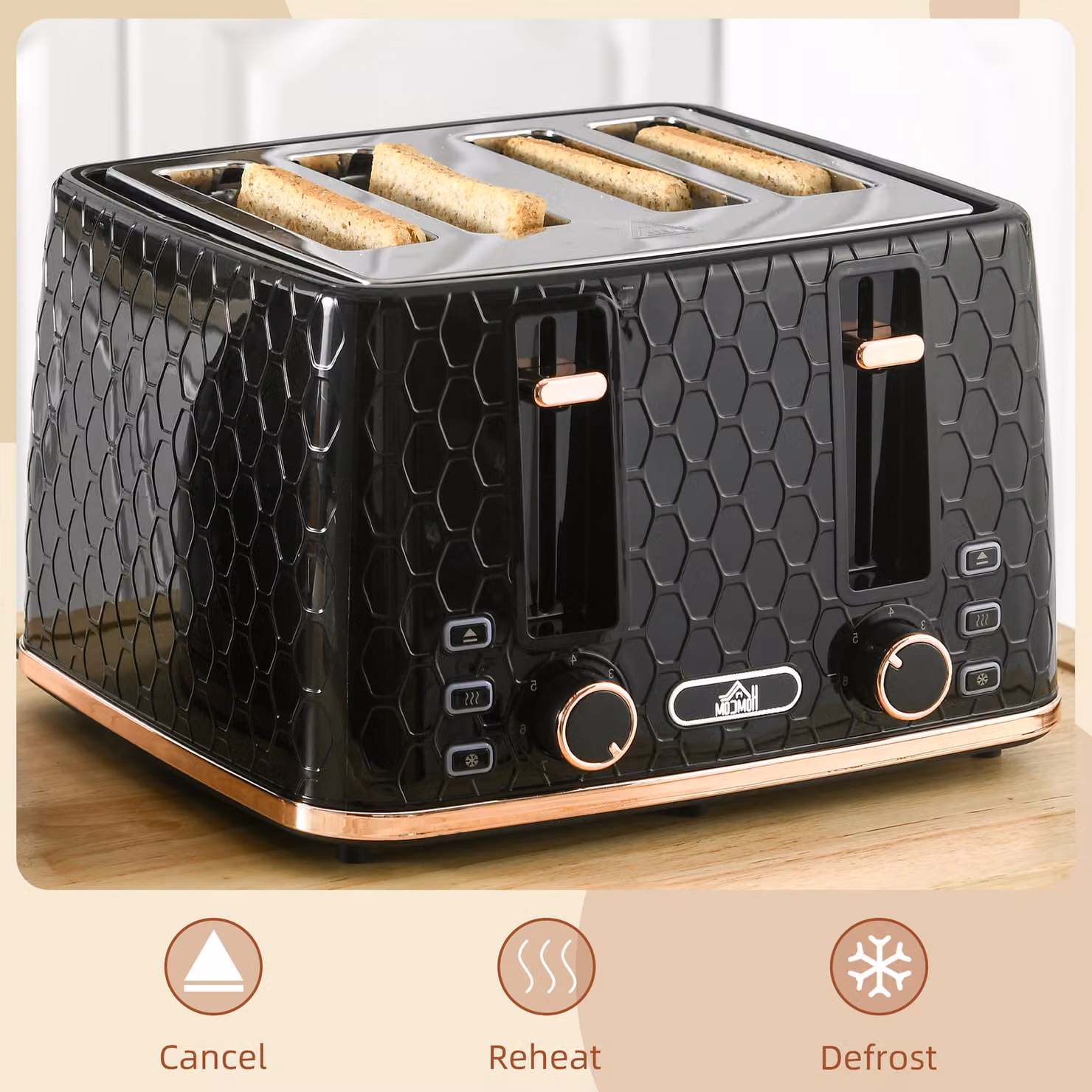 HOMCOM 4 Slice Toaster in Black with 1600W Power and 7 Browning Levels – 3