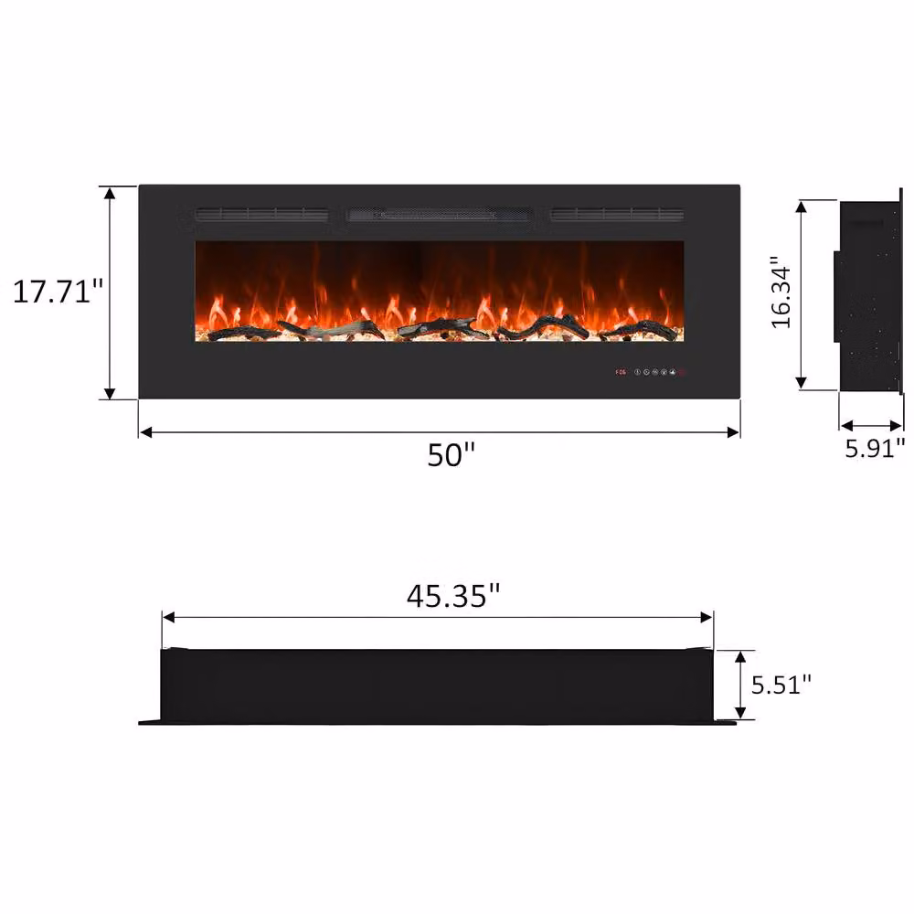 Valuxhome Black Recessed Electric Fireplace with 13 Colours and 1500W Heater, W: 127 cm, H: 45 cm, D: 15 cm – 2