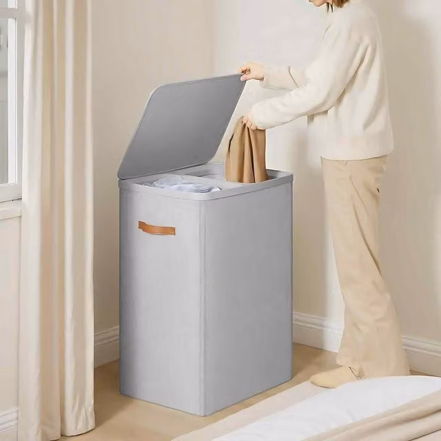 The Bazaarist Double Laundry Hamper with Lid and Removable Liners, Grey