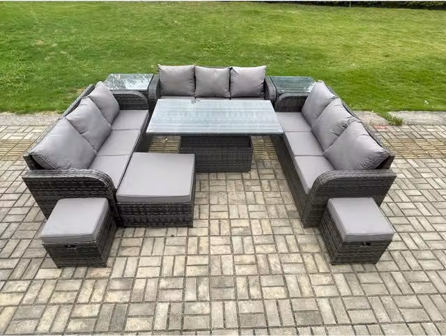 Fimous 12-Seater Grey Outdoor Rattan Furniture Set with Height-Adjustable Lift Table, 2 Side Tables and 3 Footstools