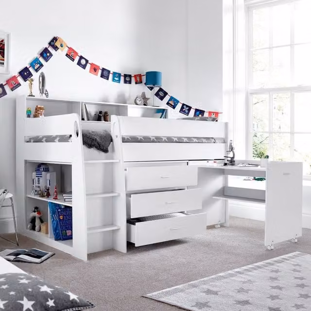 Bedmaster Ersa Mid Sleeper Bed with Desk and Memory Foam Mattress in White