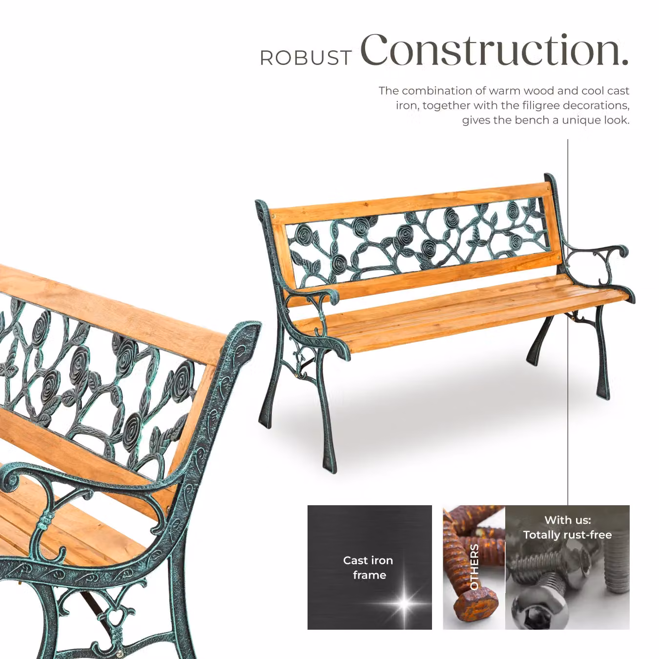 tectake Marina 2 Seater Garden Bench in Brown with Vintage Wood and Metal Design – 4