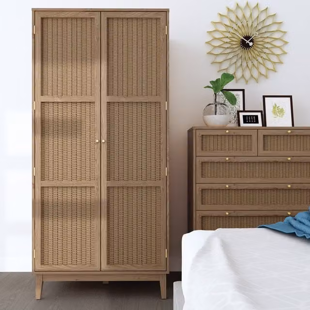 LPD Home Bordeaux 2 Door Wardrobe in Oak with Rattan Details