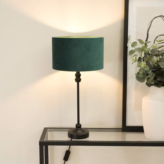 ValueLights Maggie Black Metal Candlestick Table Lamp with Green Velvet Drum Shade and LED Bulb – 1