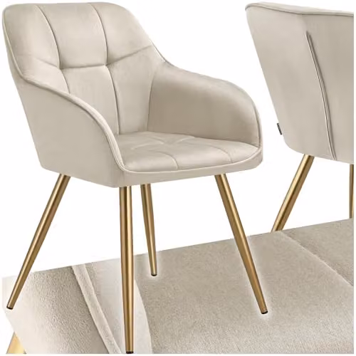 tectake Marilyn Dining Chair with Velvet Fabric and Gold Metal Legs in Cream/Gold