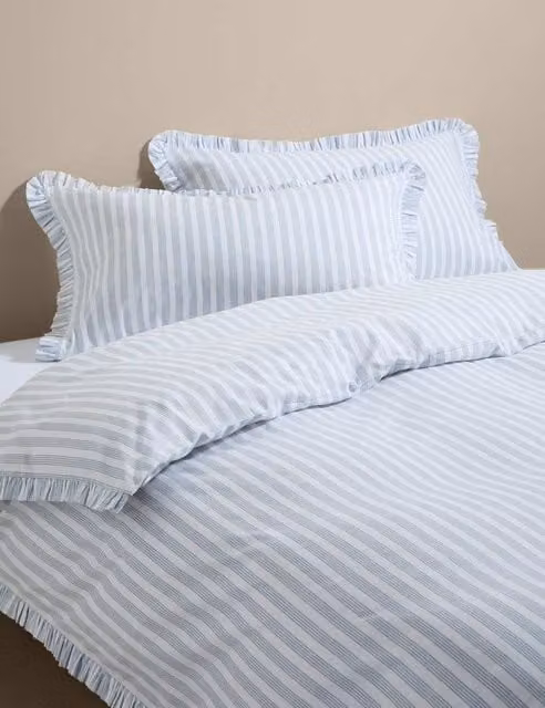 M&S Blue Mix Pure Cotton Narrow Stripe Ruffle Bedding Set 90x190 cm