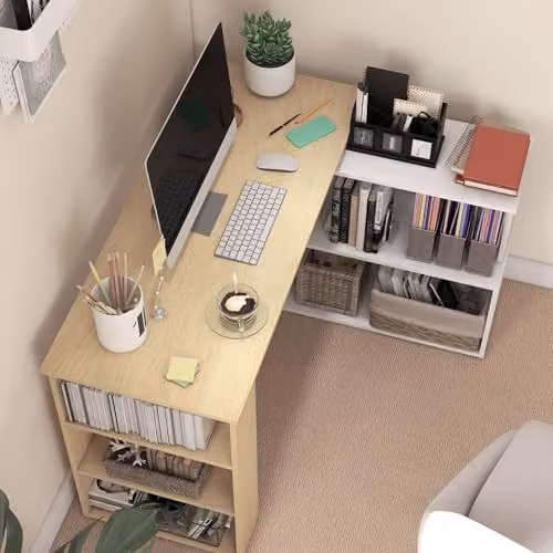 HOMCOM Rotating Corner Desk with Bookshelf in White – 5