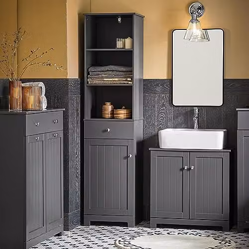 SoBuy Tall Slim Freestanding Bathroom Storage Cabinet in Grey with Hinged Door, Drawer and Shelves, W/D/H: 40 x 35 x 161 cm – 3