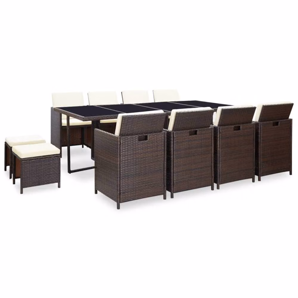 Berkfield Home Elegant 13 Piece Poly Rattan Outdoor Dining Set with Cushions and Glass Table in Brown and White – 3