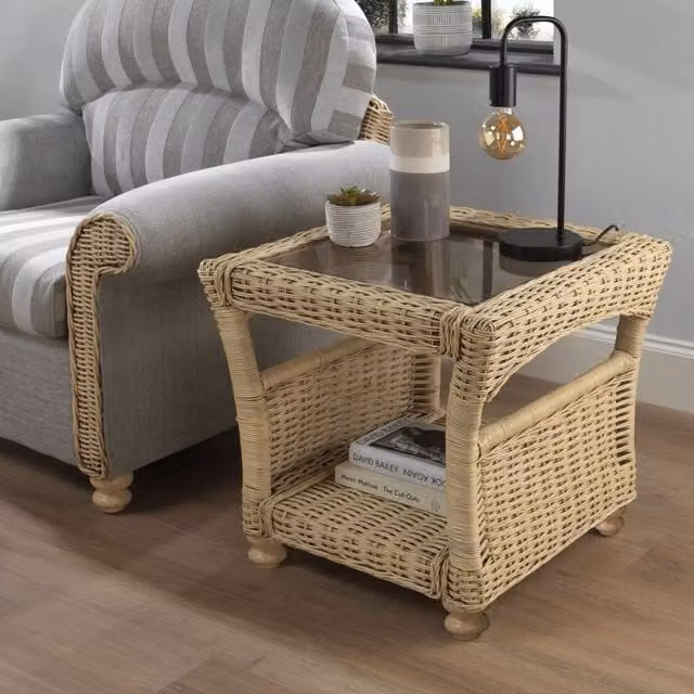 Desser Samford Cane Side Table in Natural Wash with Glass Top and Rattan Design in Sand and Beige