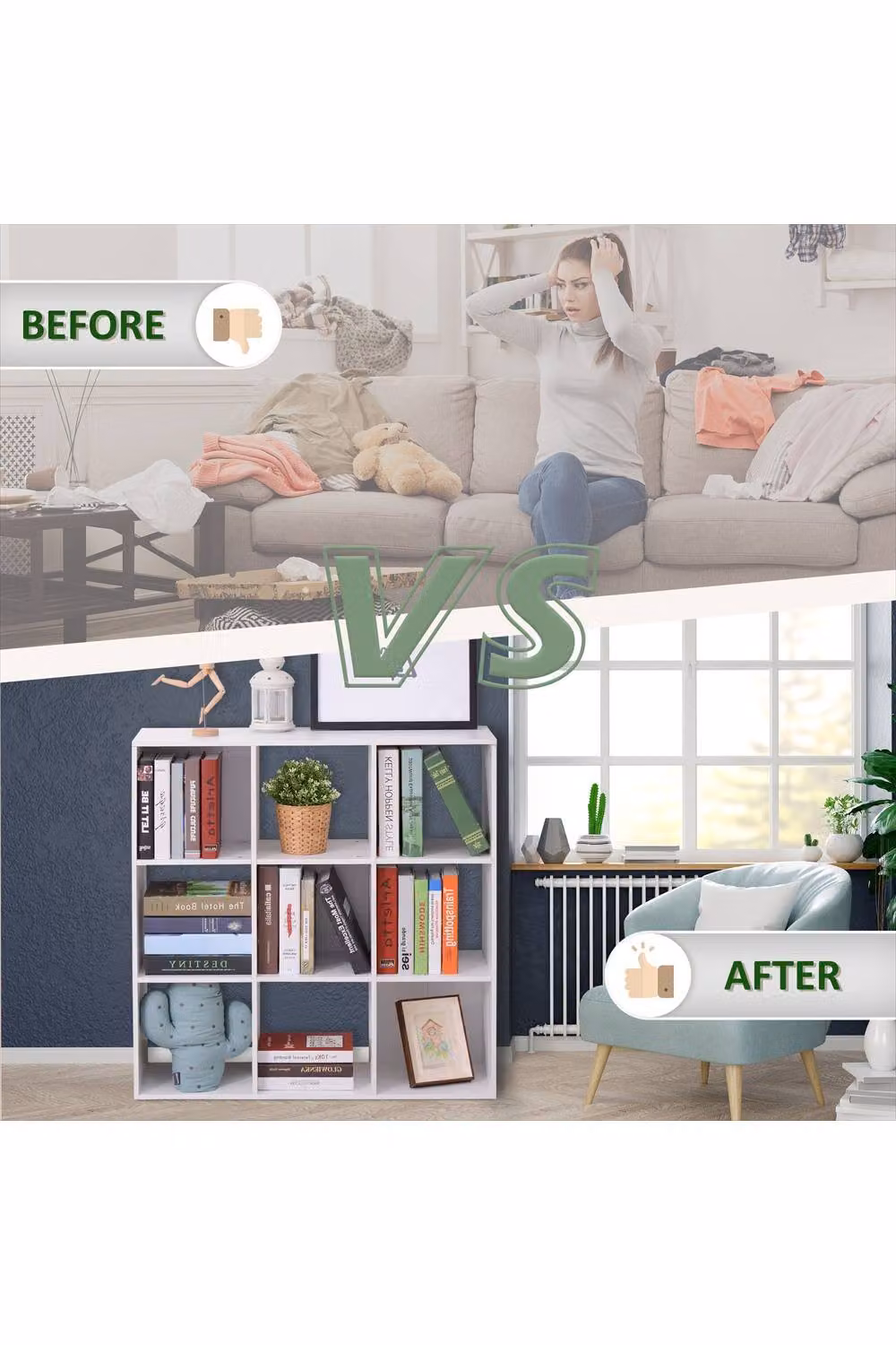 ERGOVEXA Nine-Cube Freestanding Storage Shelf in Grey and White, W/D/H: 91.0 x 29.5 x 91.0 cm – 2
