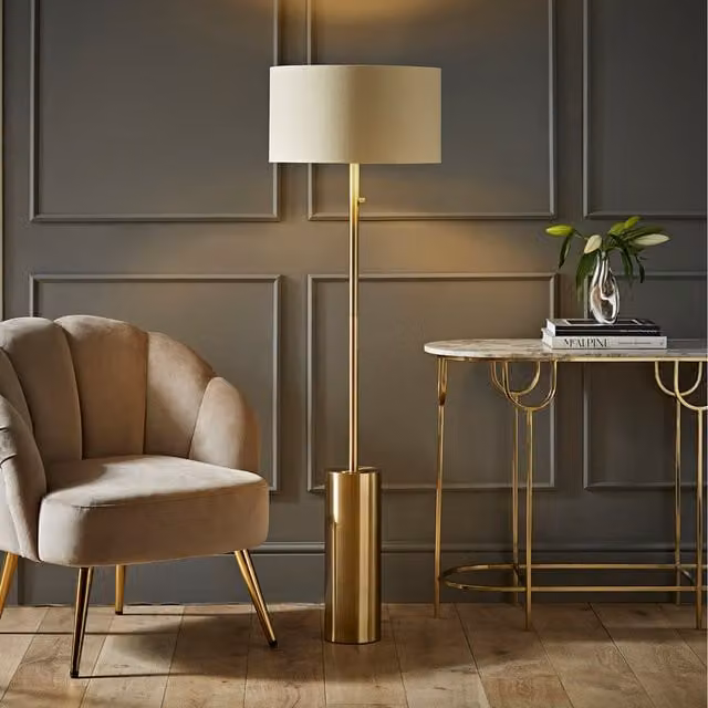 ValueLights Lexy Dimmable Floor Lamp with Beige Fabric Drum Shade in Gold and Brass