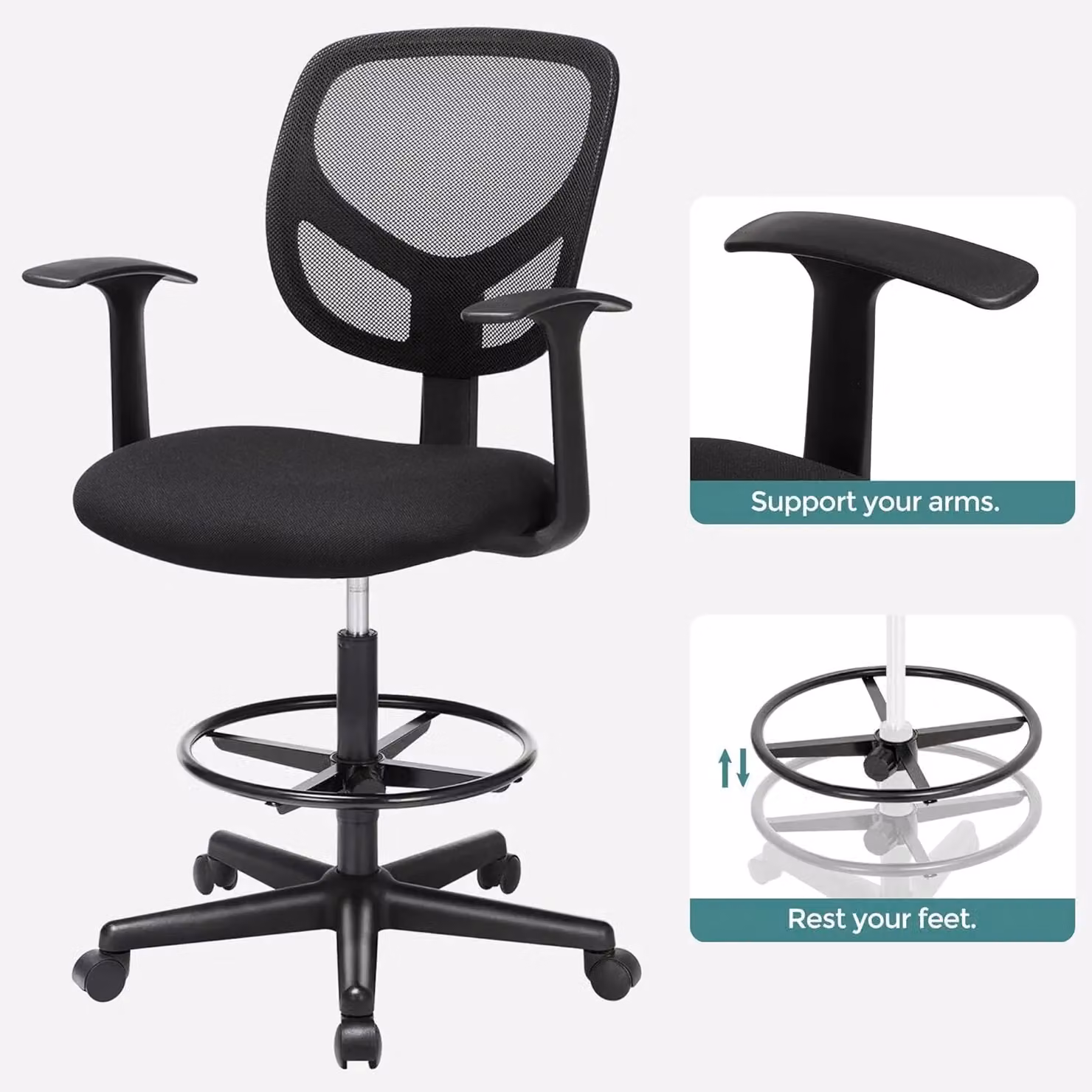 SONGMICS Black Mesh Drafting Chair with Armrests, Height Adjustable Footrest and Castors – 5