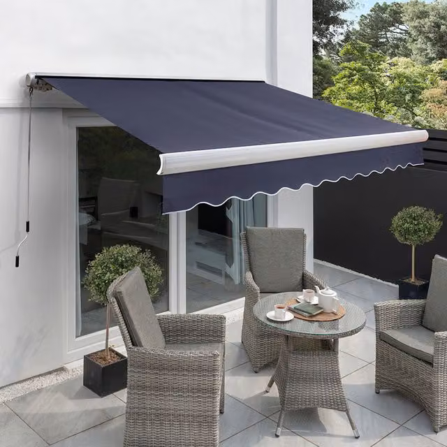 Primrose Manual Full Cassette Aluminium Awning in Plain Blue, W: 300 cm, D: 250 cm