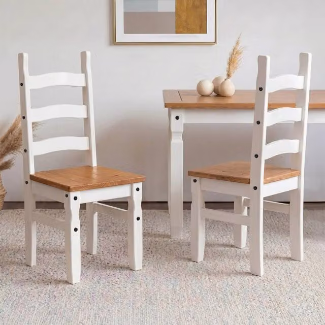 FORGEVIO Set of 2 White Painted Slat Back Mexican Solid Wood Dining Chairs