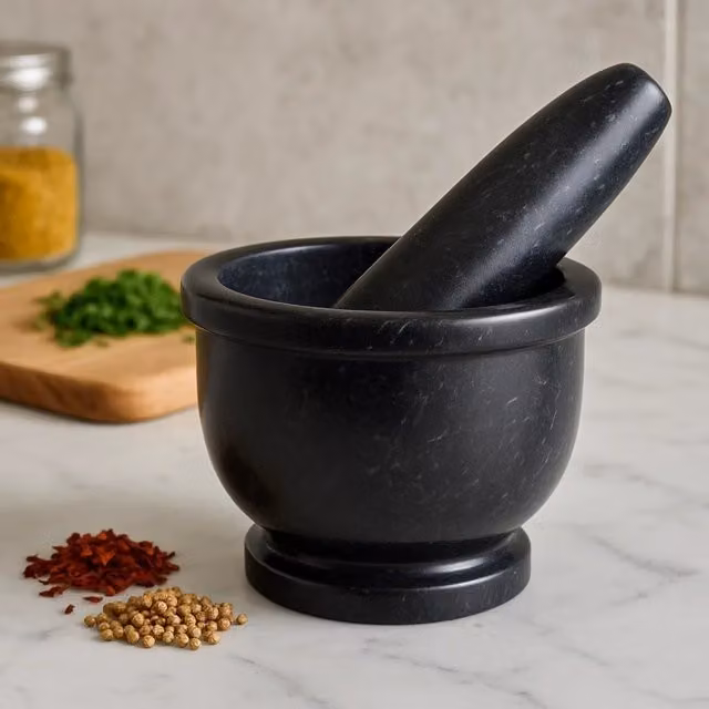 Orsina Black Marble Mortar and Pestle with Rim, Natural Stone Grinder