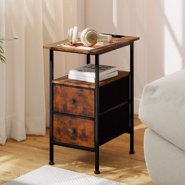 Levede Brown Industrial Bedside Table with 2 Drawers and Charging Station