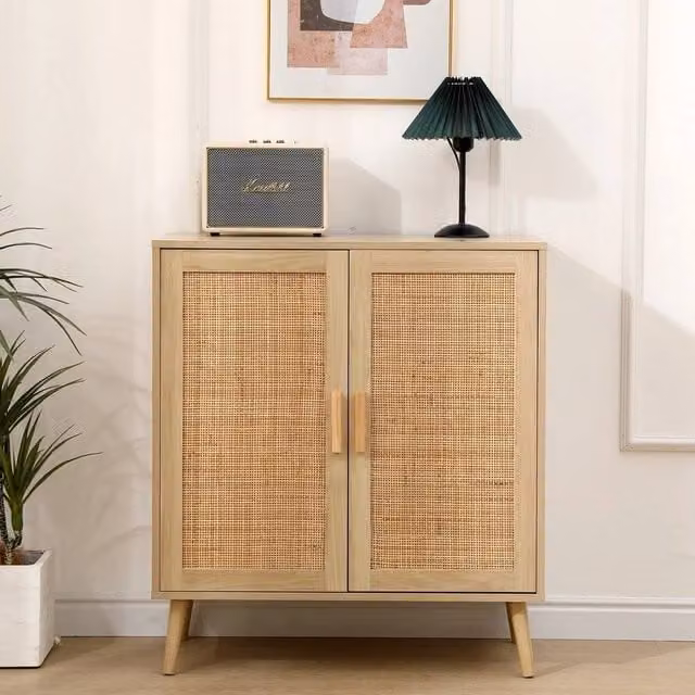 FORGEVIO 2 Door Storage Buffet Cabinet with Wicker Front in Natural Solid Pine Wood, Beige/Sand, W/D/H: 80.0 x 40.0 x 89.0 cm – 1
