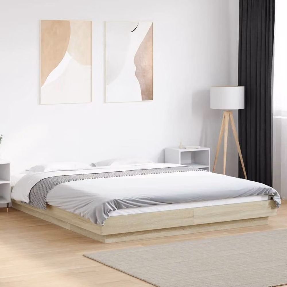 Berkfield Home Sonoma Oak Bed Frame with LED Lights and USB Charging Port in Light Brown, W: 150 cm, D: 200 cm – 2