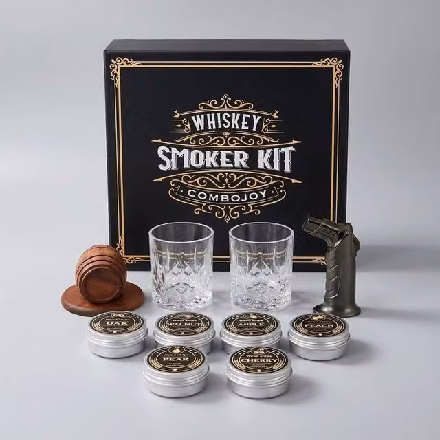 FLAVORA Whiskey Smoker Cocktail Infuser Kit in Black with Wood Elements