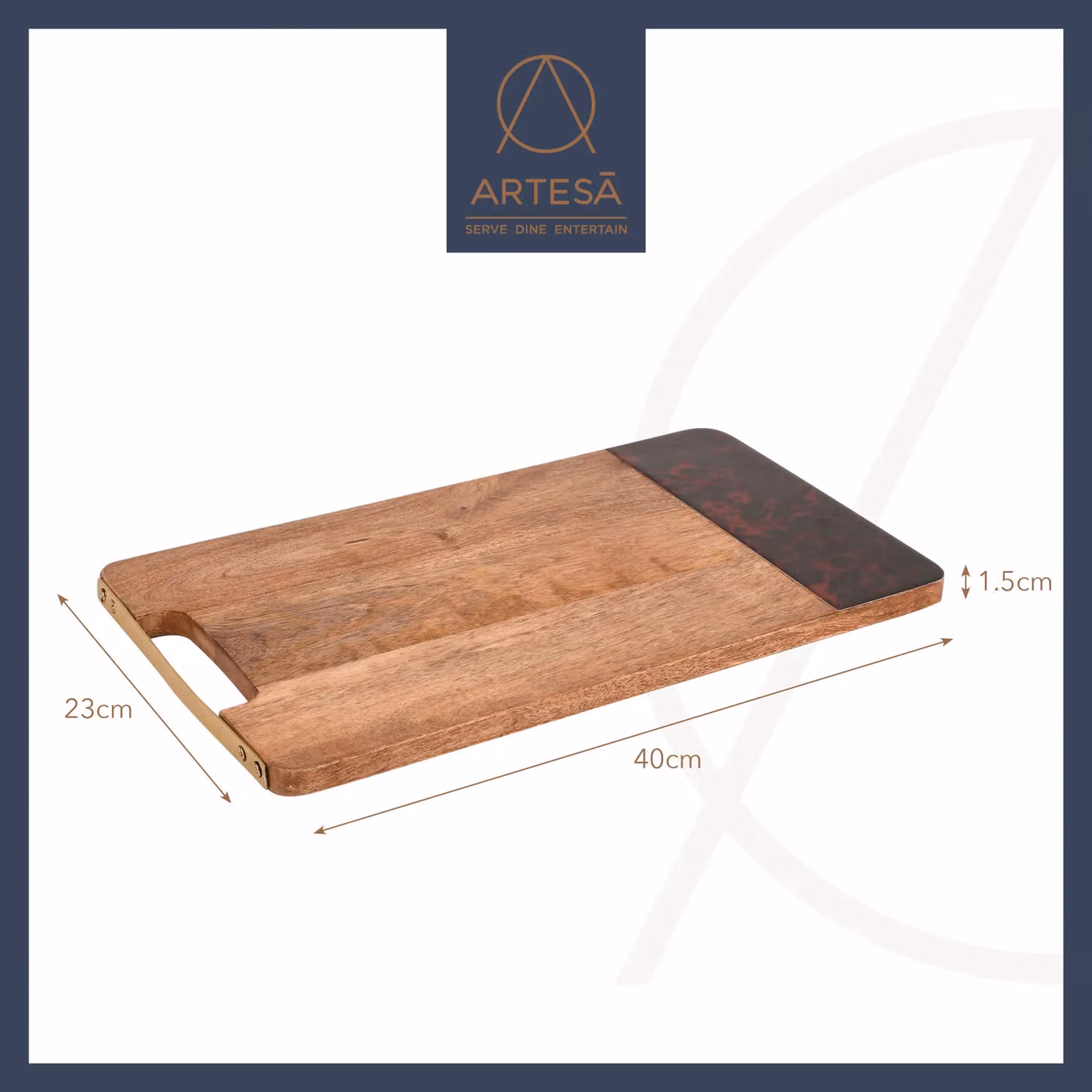 Artesa Brown Wooden Rectangular Serving Platter with Resin Edge and Handles – 6