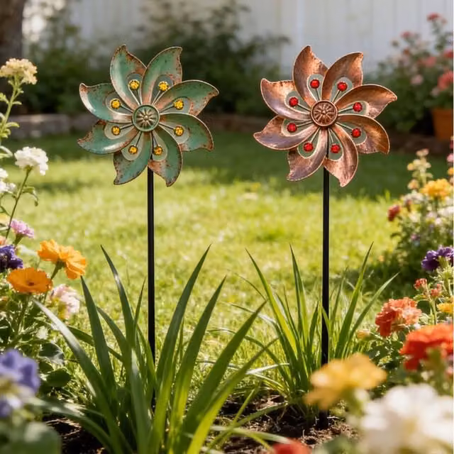 Quipulse Vintage Floral Rotating Flower Wind Spinner Metal Garden Ornament in Bronze, Red, Green, Yellow and Brown