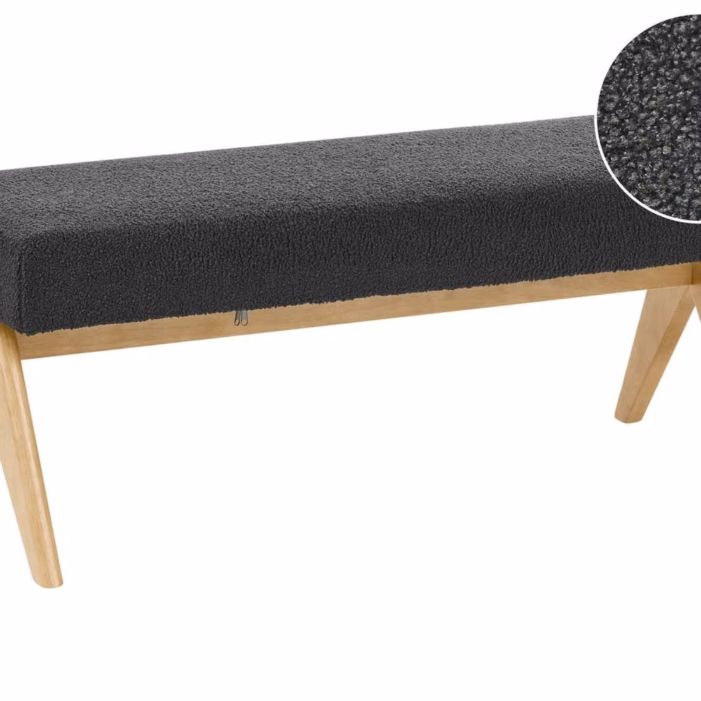 Wyld and Coco Black Bouclé Bench with Light Brown Rubberwood Legs W: 118 cm, D: 46 cm, H: 48 cm – 2