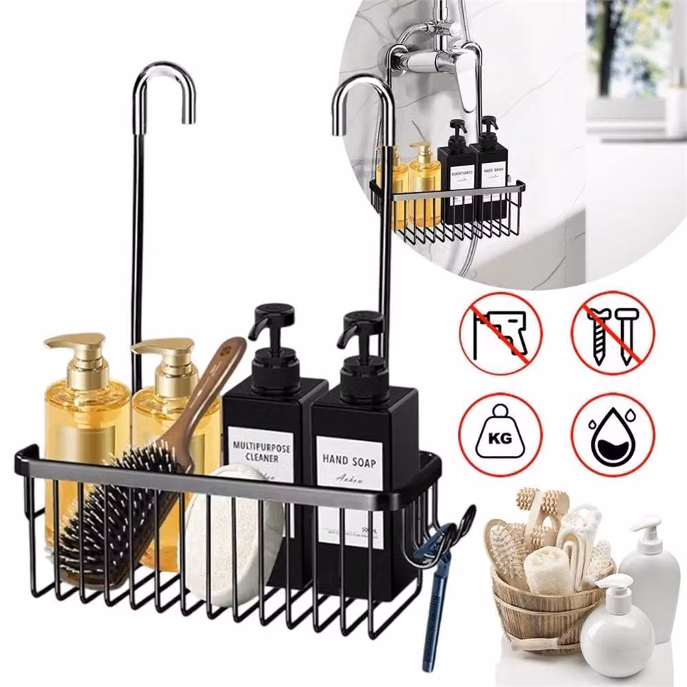 Nordara Black Rustproof Aluminium Shower Caddy Hanging Storage Organiser with Hooks – 5