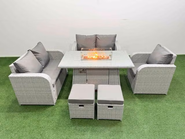 Fimous High Back Poly Rattan Garden Furniture Set in Light Grey with Reclining Chair, Loveseat Sofa, Firepit Dining Table and 2 Stools