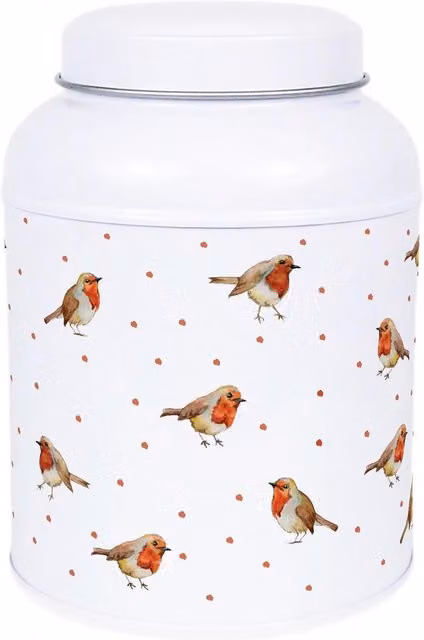 Purely Home English Robins Decaf Canister Small Dome Lid Kitchen Storage Tin in White Metal