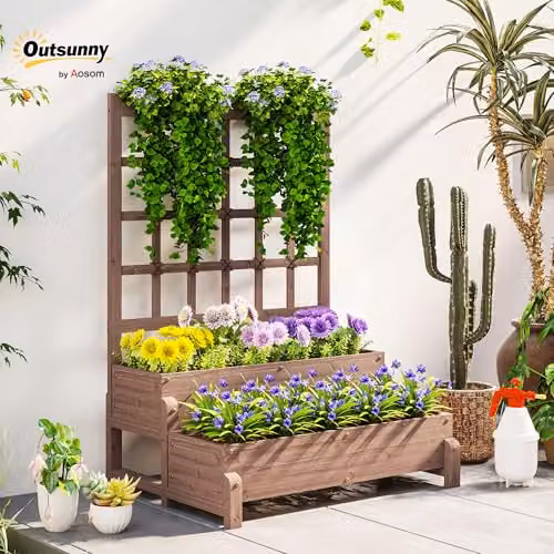 Outsunny 2-Tier Wooden Raised Garden Bed with Trellis, Brown, W/D/H: 121 x 88 x 66 cm – 2
