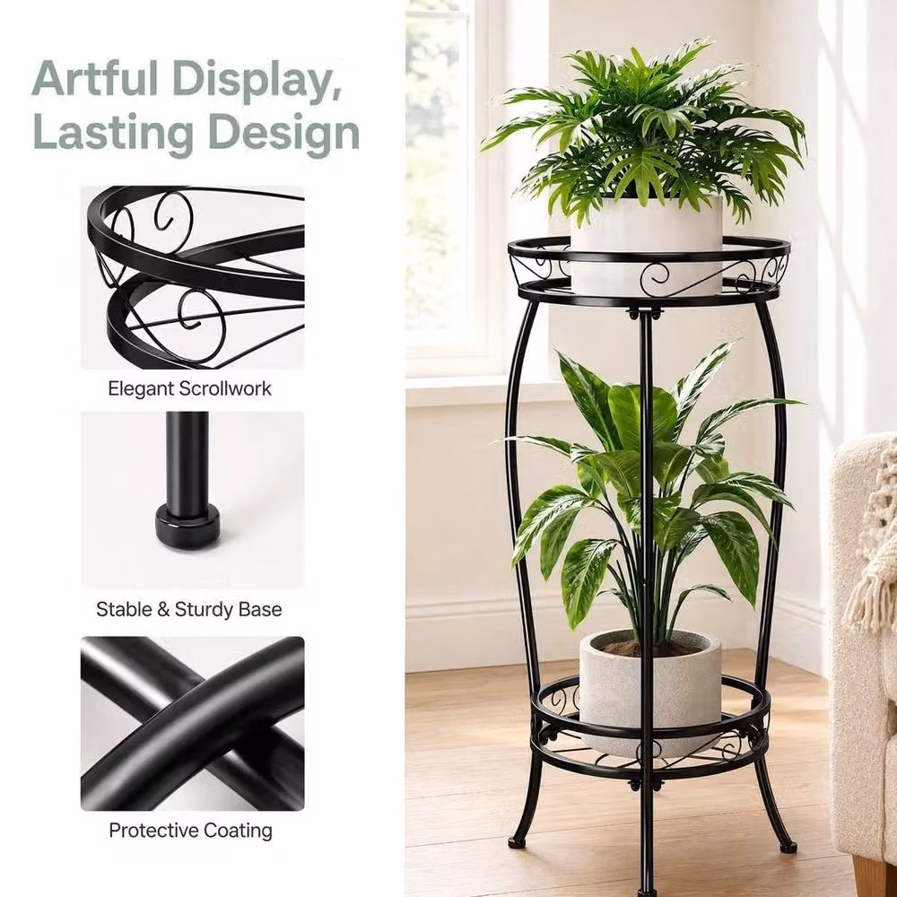 Kelvenix 2-Tier Metal Corner Plant Stand in Matt Black for Indoor and Outdoor Use – 3