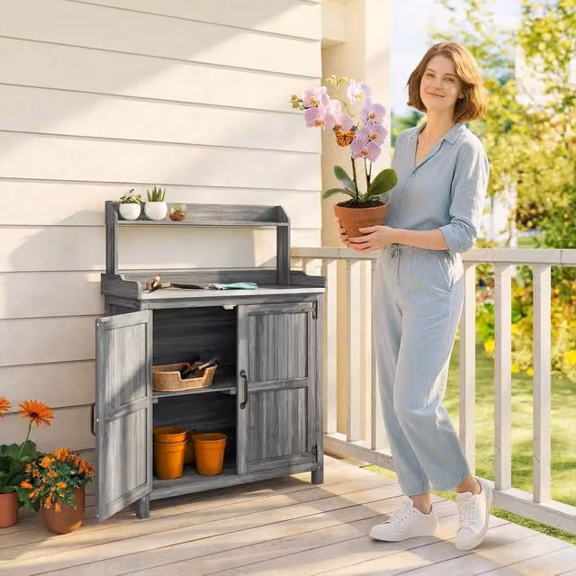 OUTSUNNY Grey Wooden Potting Bench Table with Aluminium Worktop and Top Shelf