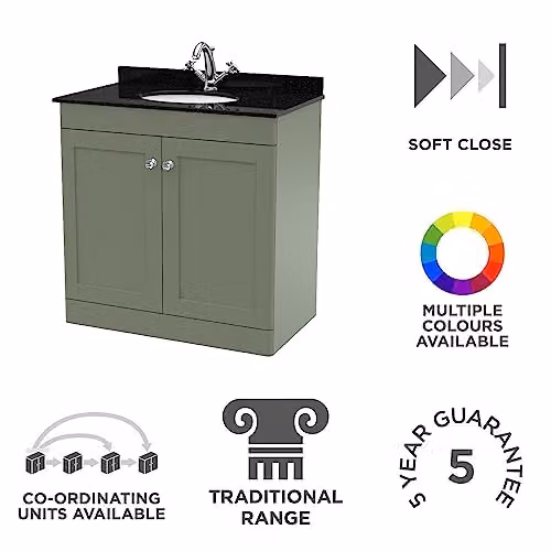 nuie Classique Traditional Bathroom Floor Standing 2 Door Unit with 1 Tap Hole Marble Worktop and Round Basin, Satin Green and Black, W: 800 mm – 2