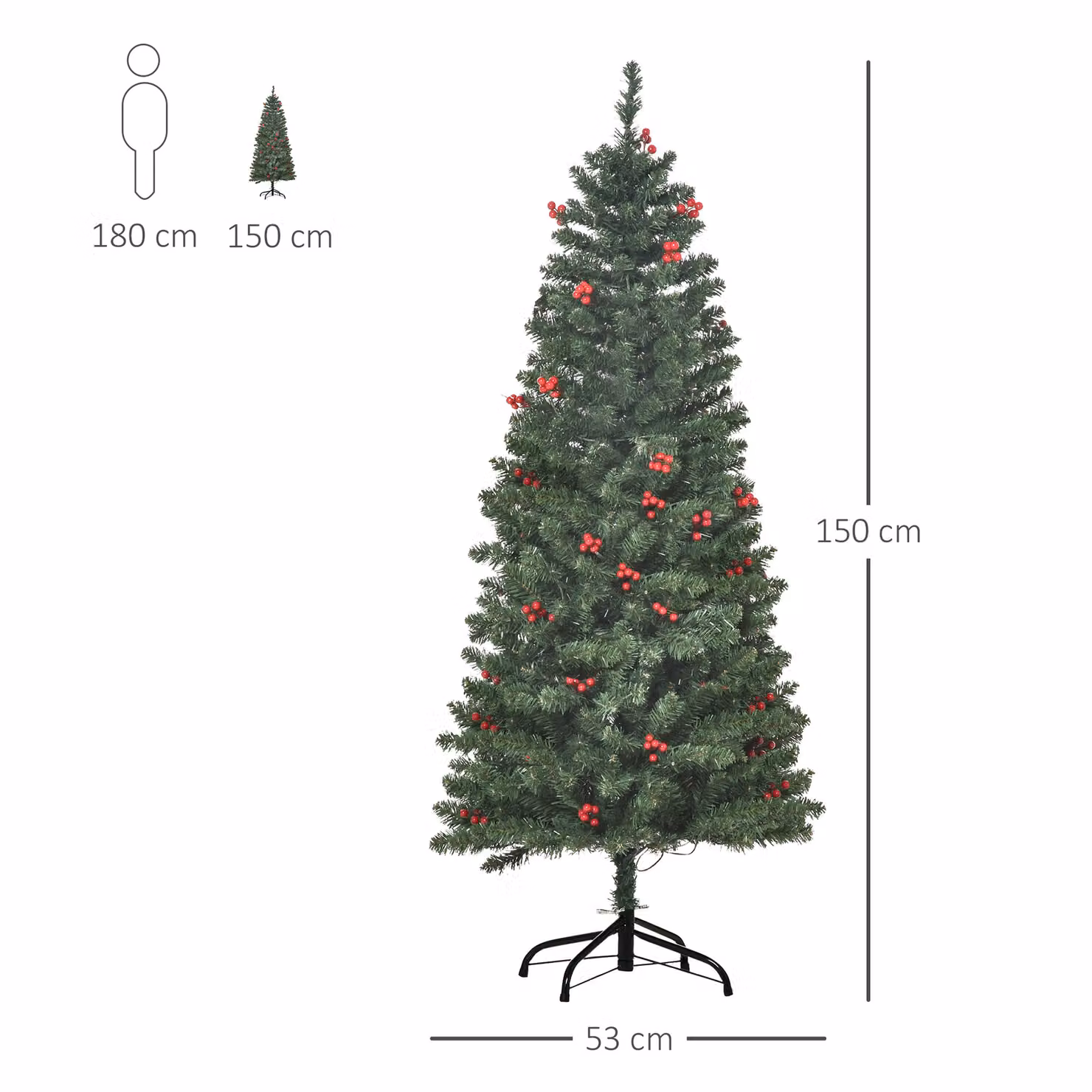HOMCOM 5ft Prelit Artificial Pencil Christmas Tree with Warm White LED Lights and Red Berries, Green – 3