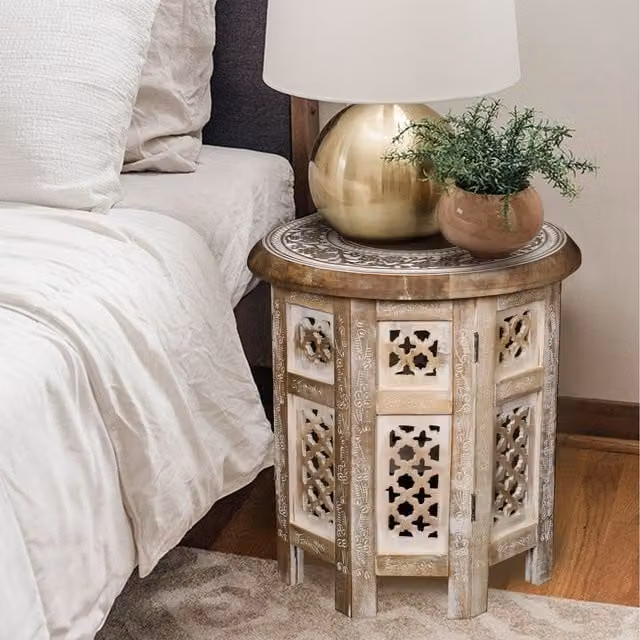 Topfurnishing Round Carved Wooden Coffee, Bedside or End Table in Brown and Yellow, W/D/H: 38 x 38 x 38 cm