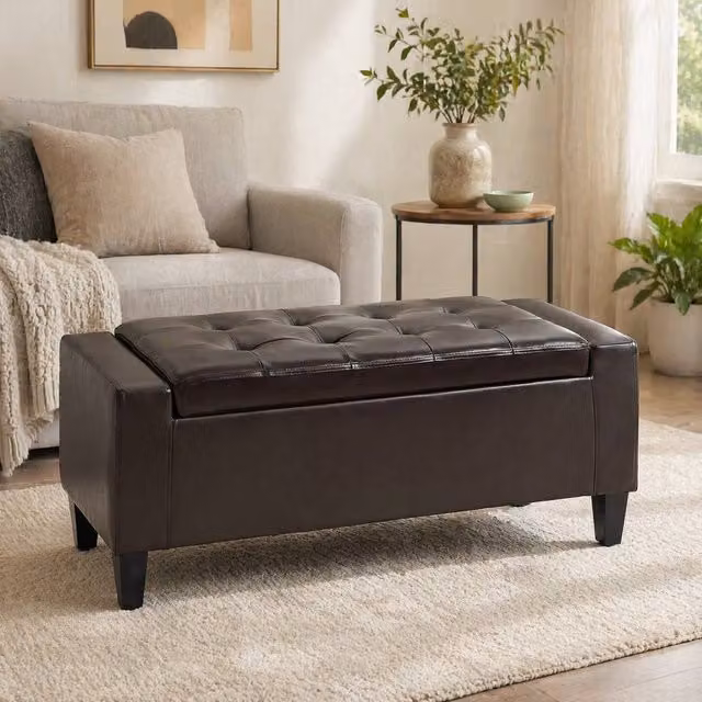 STILVORA Brown Faux Leather Storage Ottoman Bench with Lift-Up Lid – 1