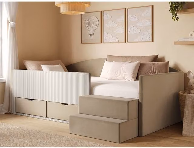 Flair Elisa Beige Velvet Storage Low Sleeper Bed with Beige Cord, W: 90 cm, D: 200 cm, H: 68.5 cm – 1